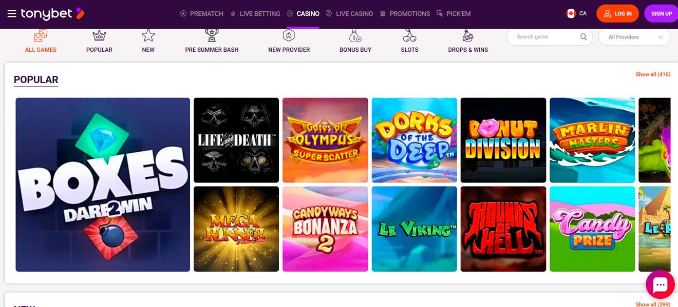 TonyBet popular games